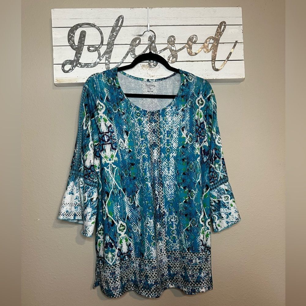 High Fifth - Women’s aqua / blue crochet detail flare sleeve top